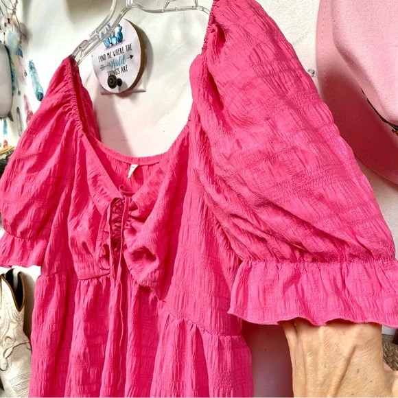 Barbiecore w Puff sleeves boho pink dress with doll shabby chic vibe - Picture 7 of 13